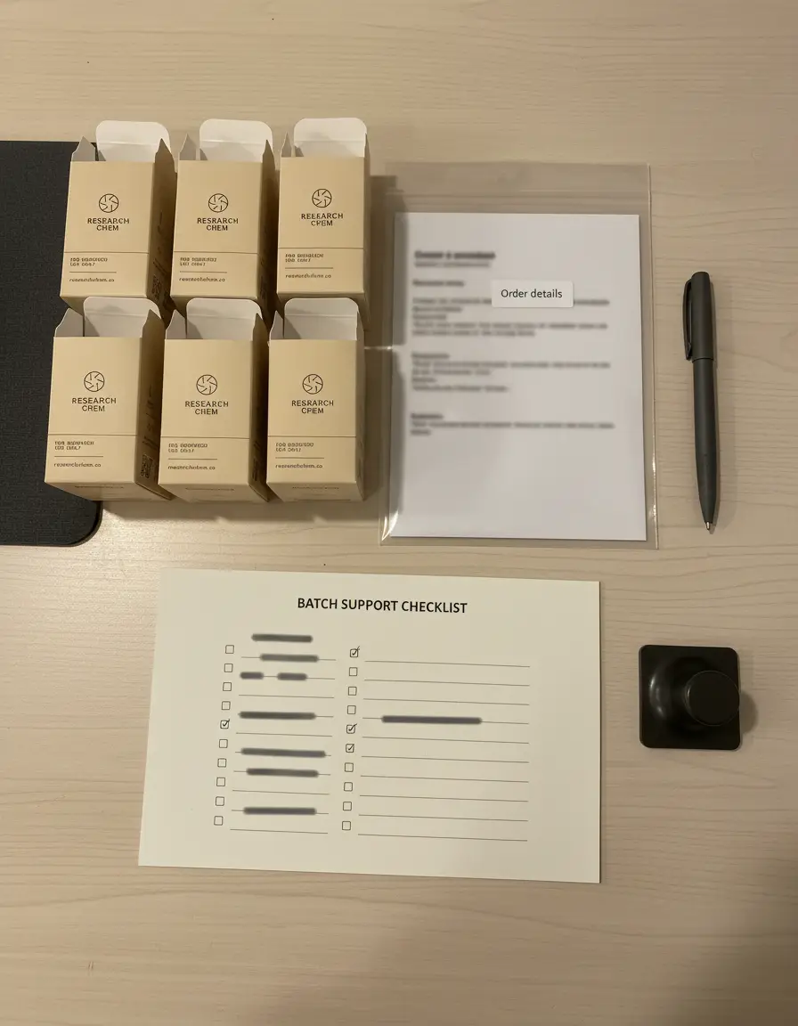 Research Chem boxes beside an order details sleeve