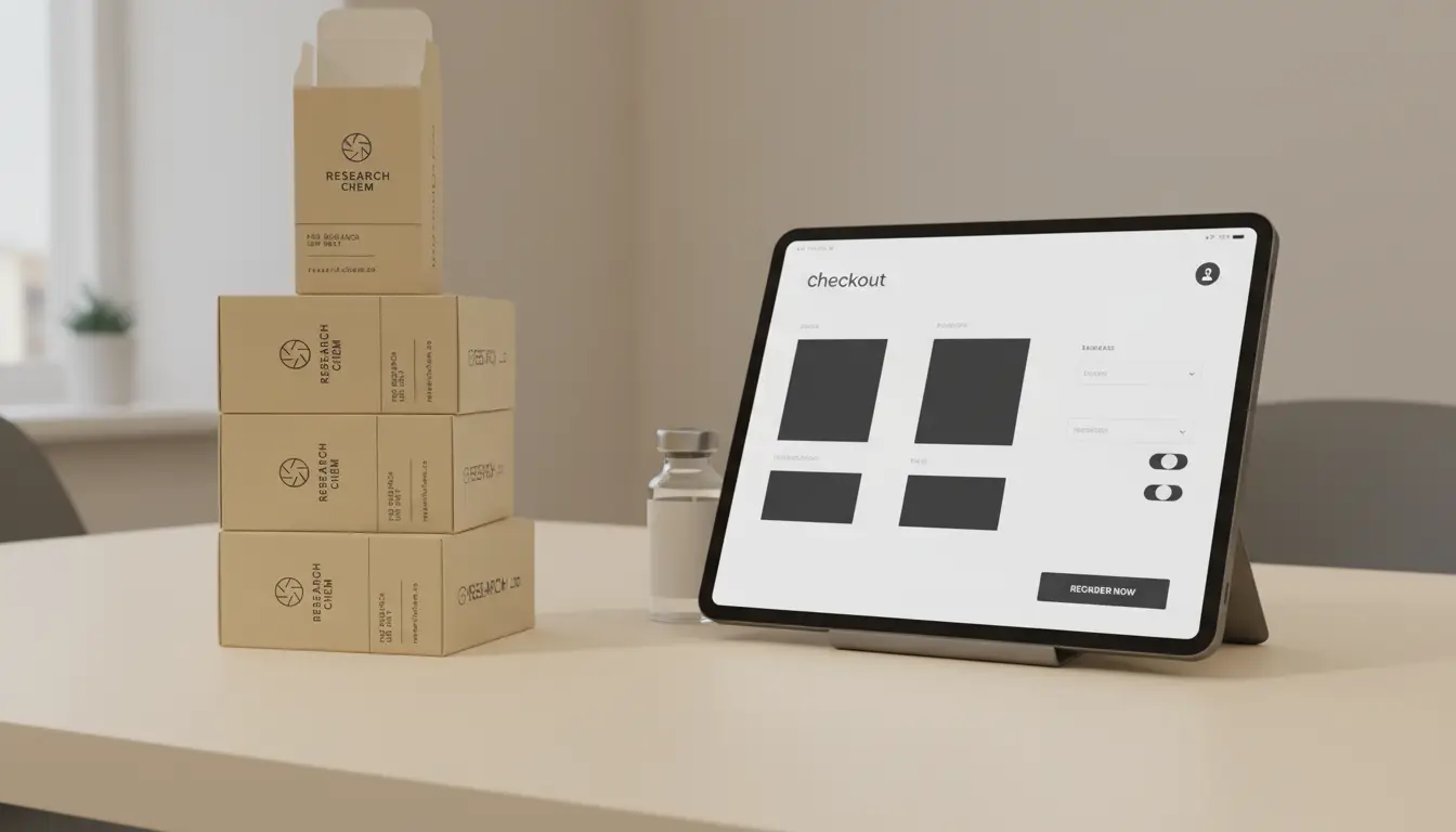 Research Chem boxes beside an abstract checkout screen
